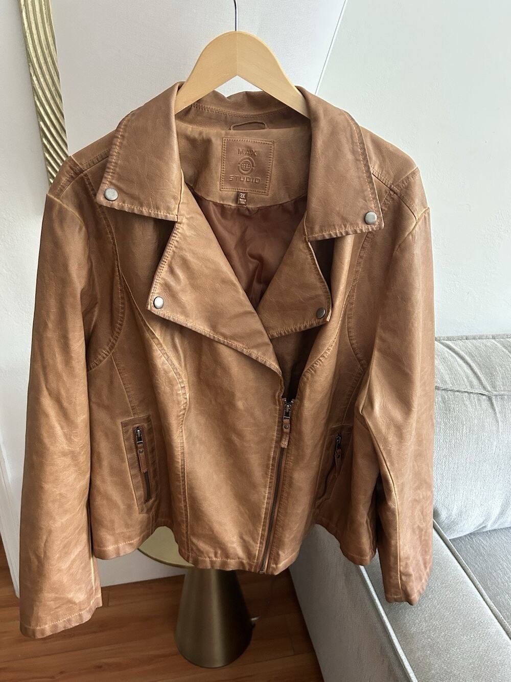Max Studio 3X Brown Tan Biker Jacket Caramel Faux Leather Boho Motorcycle